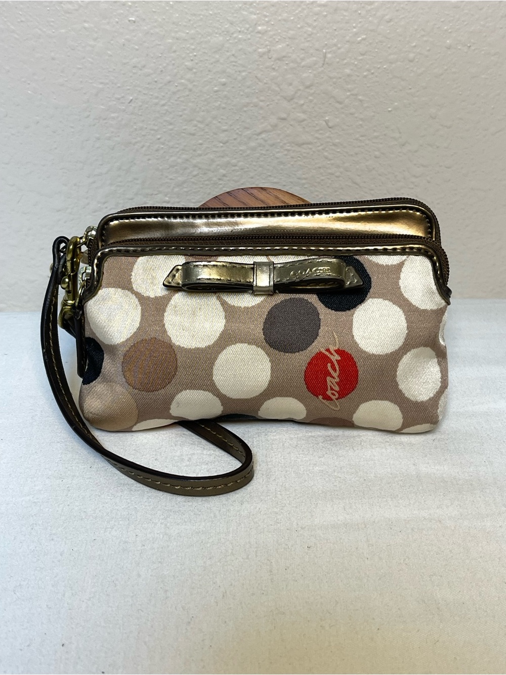 Coach Poppy Watercolor Polka Dot Double Zip Wristlet